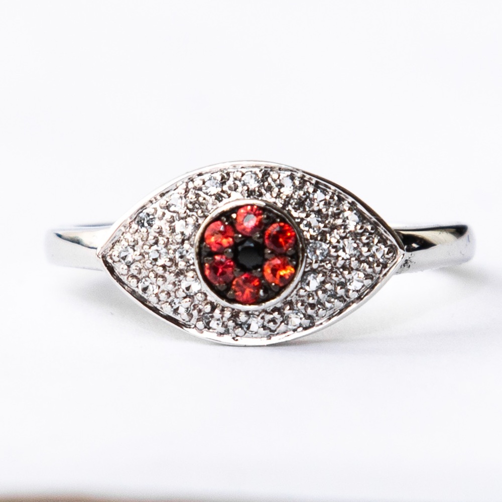 Rarities by Carol Brodie evil eye ring white topaz & red sapphire gemstones 10